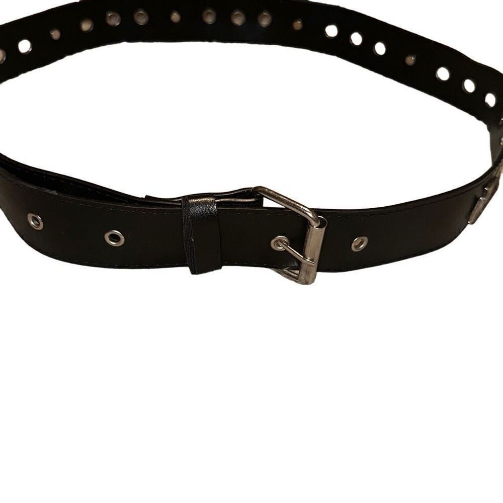 Single Pin Buckle Unisex Black Cross Grommet Faux Leather Belt